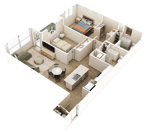 Floor plan for 2 beds, 2 baths, 1101 sqft